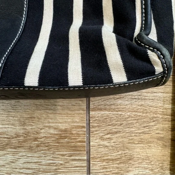 Kate Spade Griffen Tote Black Cream Stripe Cloth Leather Shoulder Bag - Picture 11 of 15